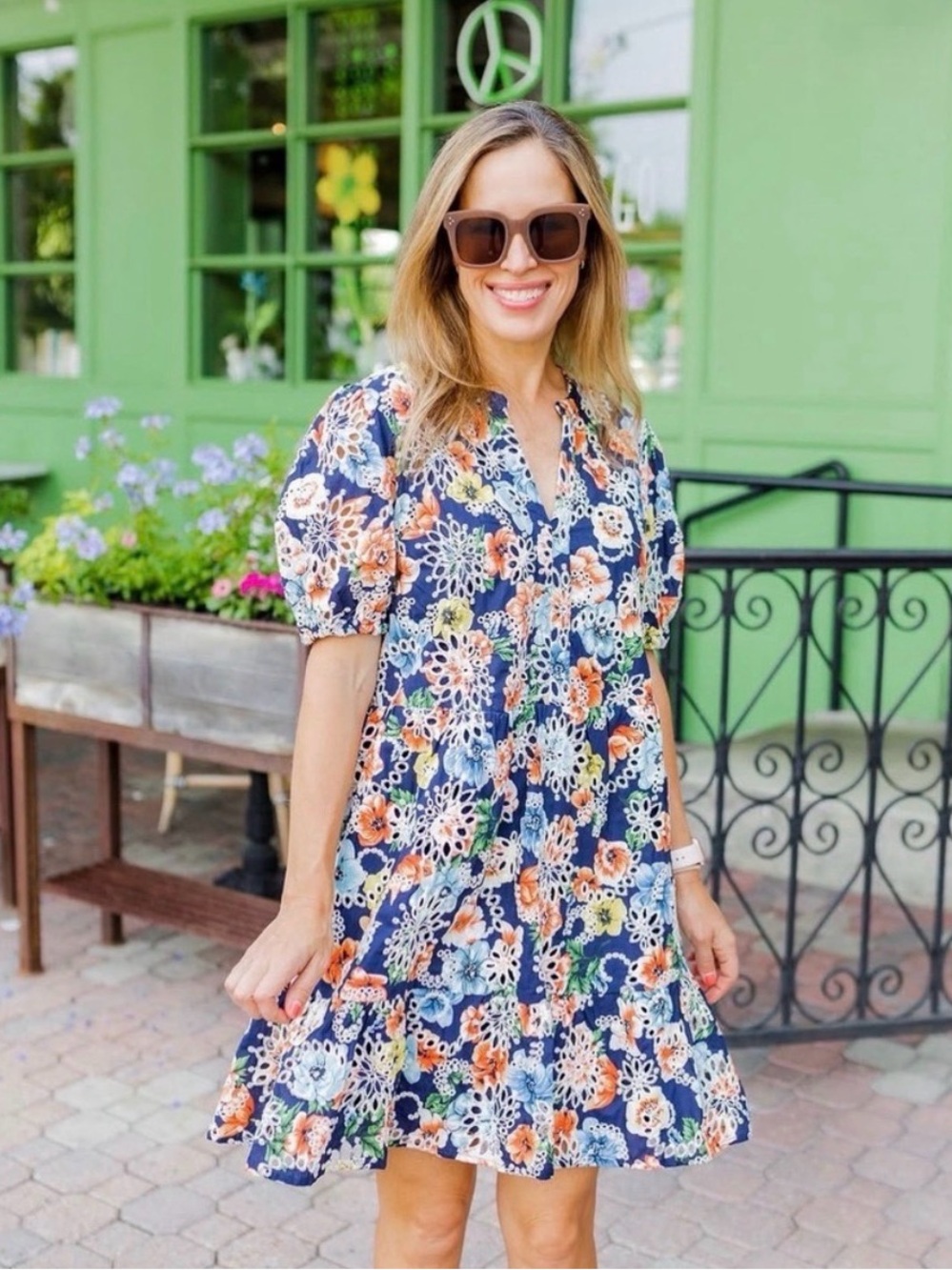 VOY Blue Floral Babydoll Dress Blue & White Boho Cottagecore Mini Dress